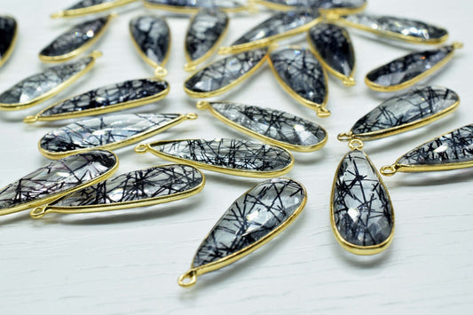 Black Rutile 10x30mm Charm, Black Rutile Pendant,Gemstone Pendant, Dainty Charms,Teardrop Pendant, Faceted Black Rutile, Gemstone Charm