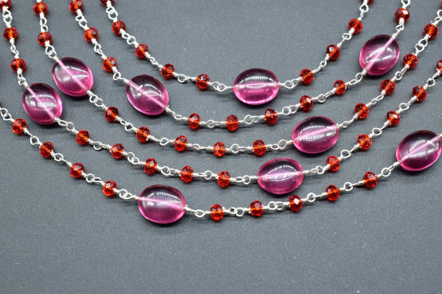 Natural Pink chalcedony Smooth Oval Rosary Style Beaded Chain,Gold Plated Wire Wrapped Chain,Gemstone Linked Handmade Chain,Jewelry Making,