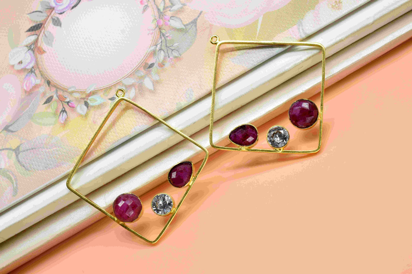 Natural Ruby Component Dangle Earrings,Finding Necklace Component Jewelry,32mm Square Shape Earring Connector,Handmade Earrings,Components