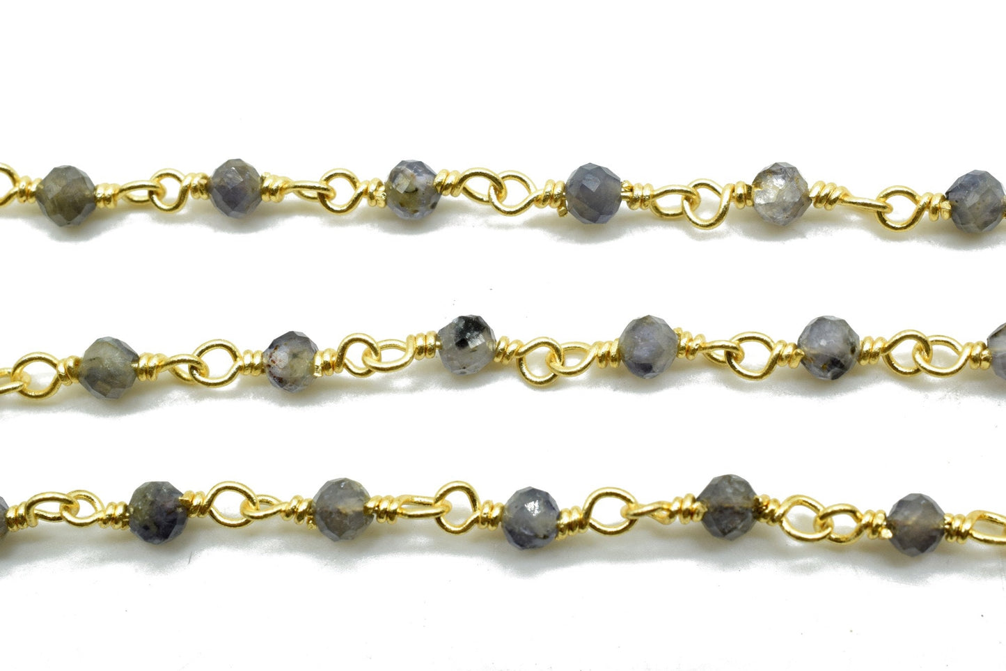Iolite 3mm Beaded Chain,Gemstone Rosary Chain, 3mm,Faceted Beads, 24k Gold Plated Wire Wrapped Chain, Beaded Chain Jewelry,Blue Iolite Beads