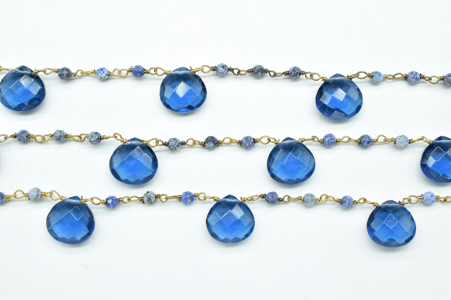 kynite teardrop beaded chain,lapis beaded chain,gesmtone cluster rosary,wire wrapped beaded chain,lapis cluster,beaded chain,gold plated