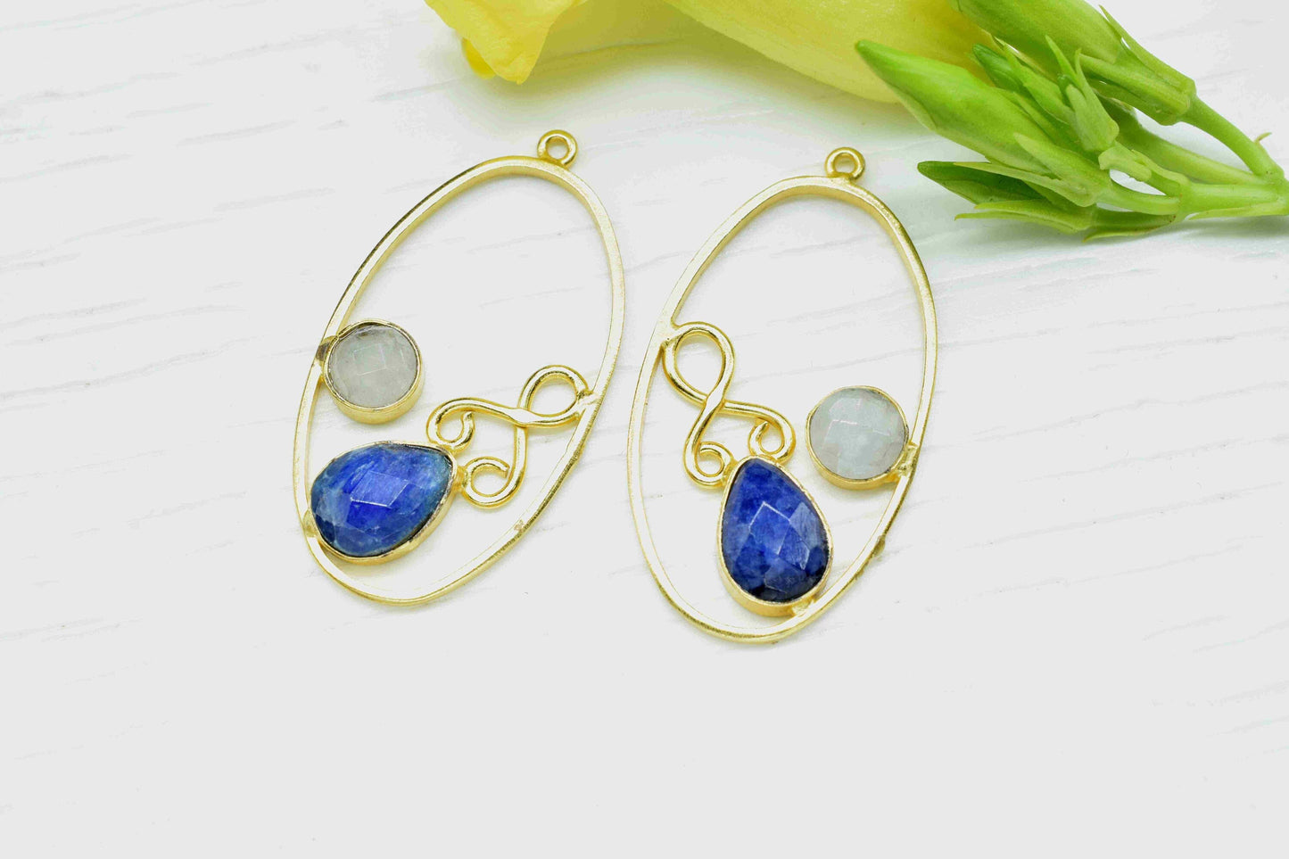 Multi Gemstone Finding Pendant,Moonstone Round Connector,Sapphire 7x10mm Teardrop Shape Component,Finding Necklace Component Jewelry,Gift