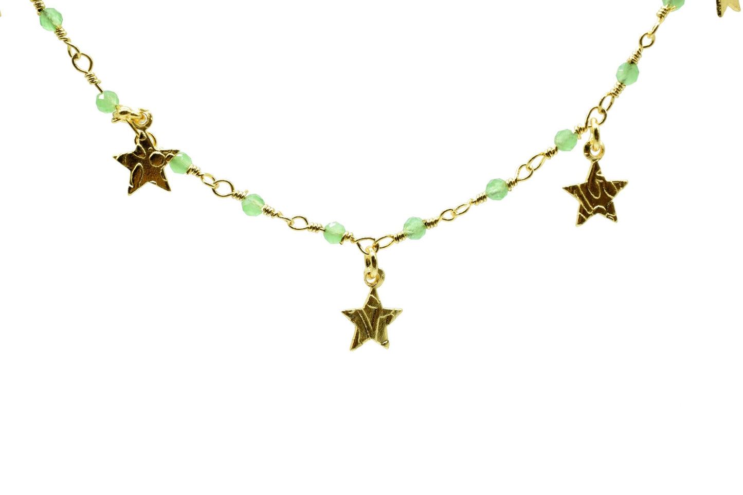 Chrysoprase 2mm Beaded & Star Charm Chain,Rosary Style Chain -Chain per foot,Yellow Plated Wire Wrapped Chain,Jewelry Making Supplies,Jewels