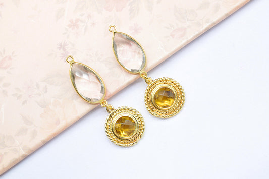 Crystal Quartz Bezel Charm /Multi Stone Pendant/Citrine Quartz Connector/Earring Connector Pendant/Station Bezel Link/Handmade Pendant/Gift