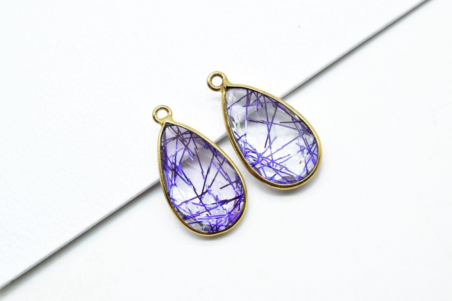 Blue Rutile 12x20mm Pear shape charm,Rutile Pear pendant,Rutile Gold Plated bezel,jewelry making charms craft,Rutile Birthstone charm,jewels
