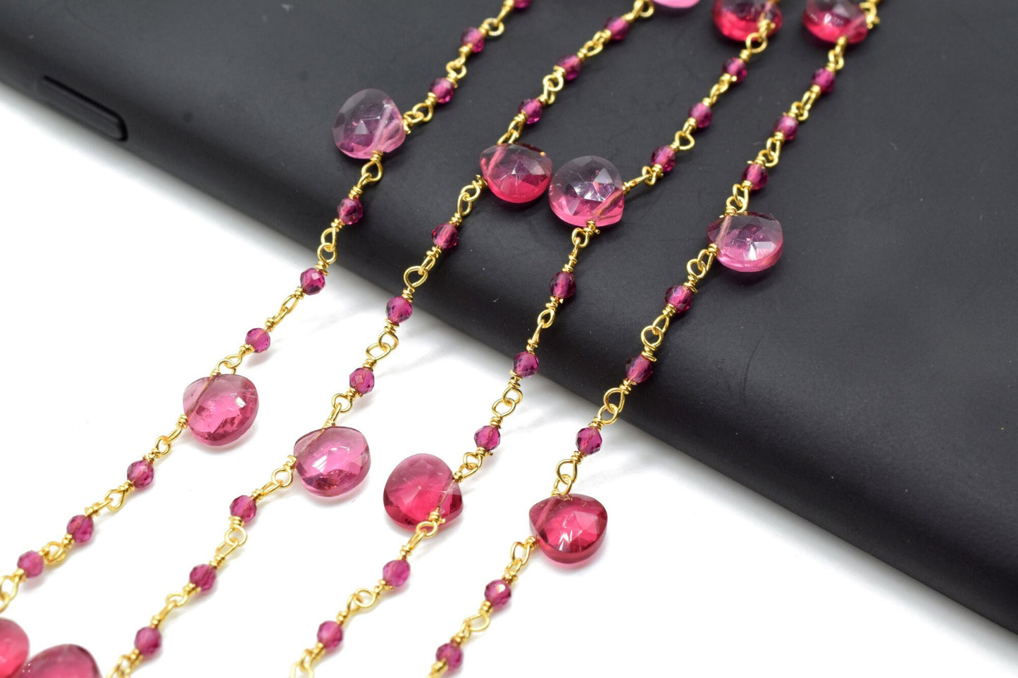 Pink Tourmaline 2mm Beaded & Heart shape Chain,Beaded Wire Wrapped Fuchsia Diamond Cut Gemstone Beads,Faceted Rosary Chain,Gems Rosary Style