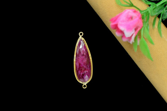 Ruby Gemstone 10x30mm Teardrop Shape Connector,Ruby Handmade Connector Jewelry,Ruby Double Bail Jewelry,Ruby Gold Plating Charms Connectors