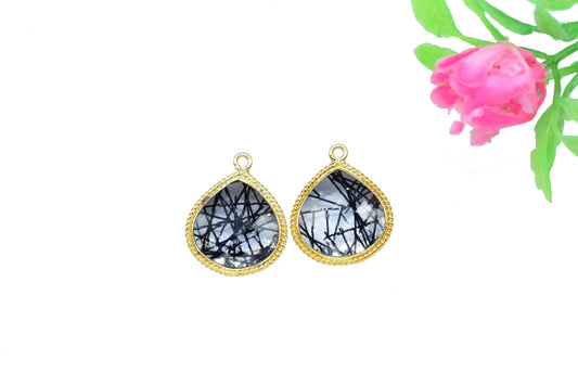 Black Rutile Gemstone 14mm Heat shape charm,Rutile Charms jewels,Rutile Single Bail pendant,Rutile Gold Plated bezel jewelry making charms