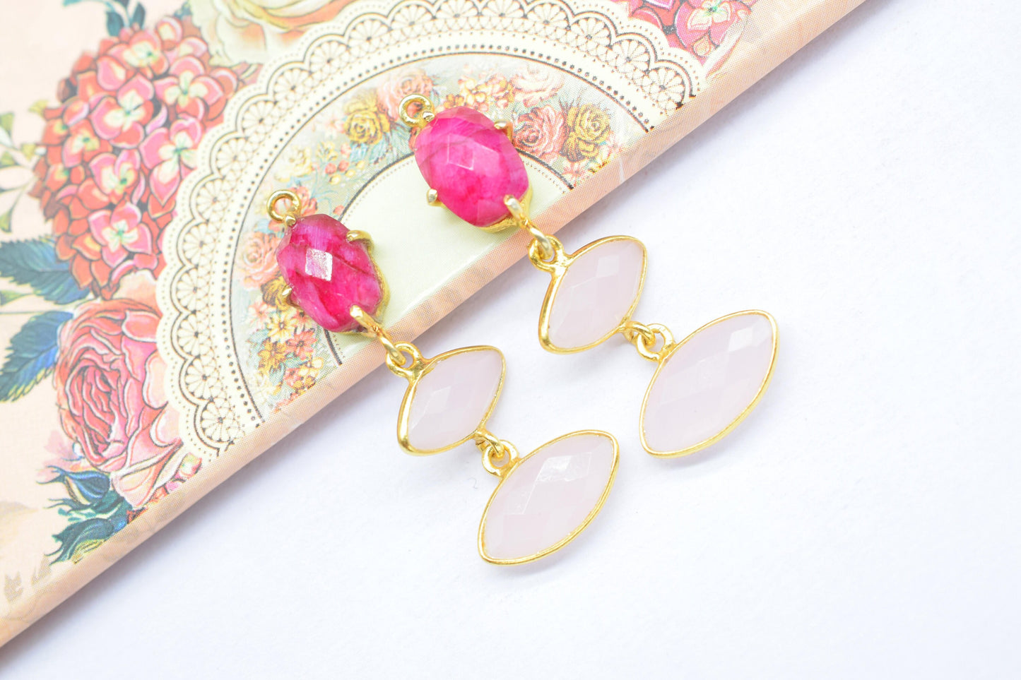 Ruby Bezel Charm Connector/Station Bezel Link Pendant/Prong Bezel Jewelry/Connector/Handmade Jewelry/Rose Quartz Quartz Pendant/B'day Gift