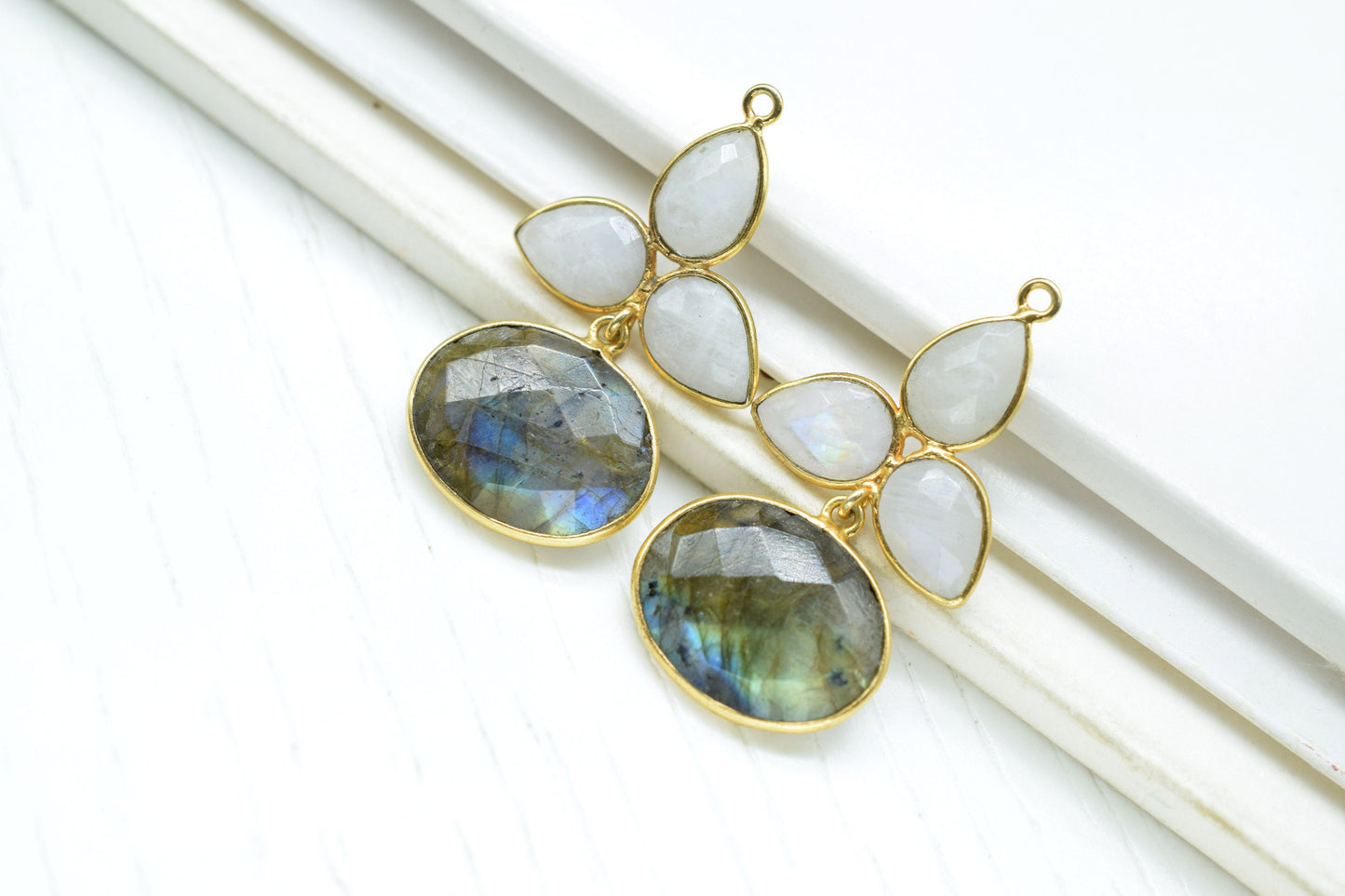 Moonstone Bezel Charms Connector/Bridal Jewlry/Labradorite Jewelry/Jewelry Making Connector/Gold Plated Jewelry/Station Bezel Link Supplies