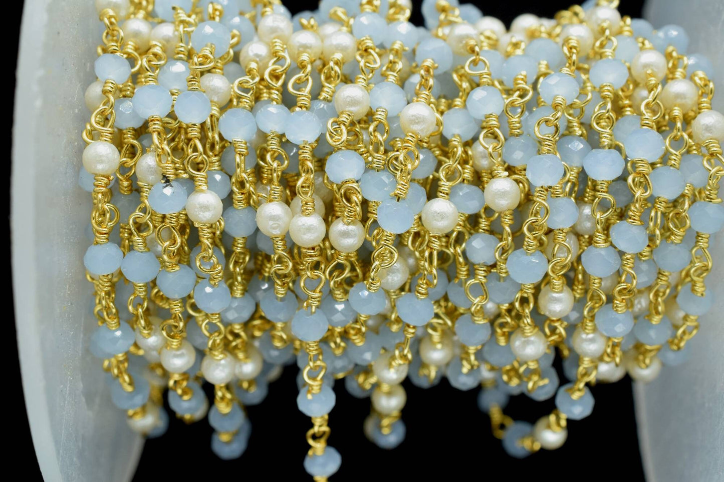 Aqua Chalcedony Rondelle Faceted Rosary Chain,Beaded Chain Roll,Blue Chalcedony Rosary,Gold Plated rosary chain,Jewelry Making Finding Chain