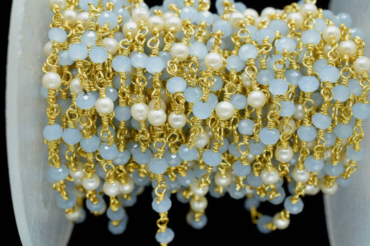 Aqua Chalcedony Rondelle Faceted Rosary Chain,Beaded Chain Roll,Blue Chalcedony Rosary,Gold Plated rosary chain,Jewelry Making Finding Chain