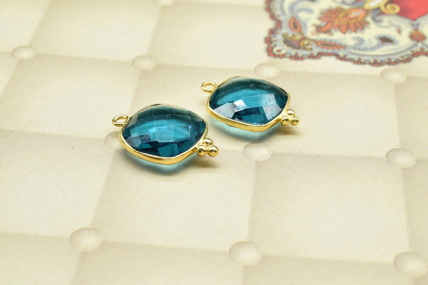 Blue Topaz 14mm Cushion Bezel charms,Station Bezel Jewelry Supplies,Blue Topaz Jewelry,Square Shape Pendant,Blue Topaz Gemstone Connectors