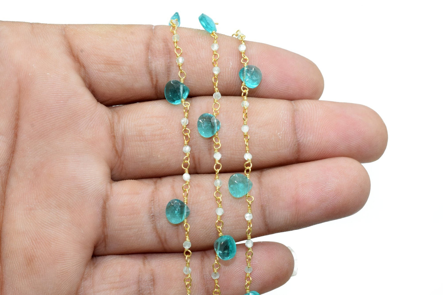 Aqua chalcedony,Apatite 2mm Beaded & Heart shape Chain,Beaded Wire Wrapped Gemstone Beads,Faceted Rosary Chain,Gemstone rosary style chains