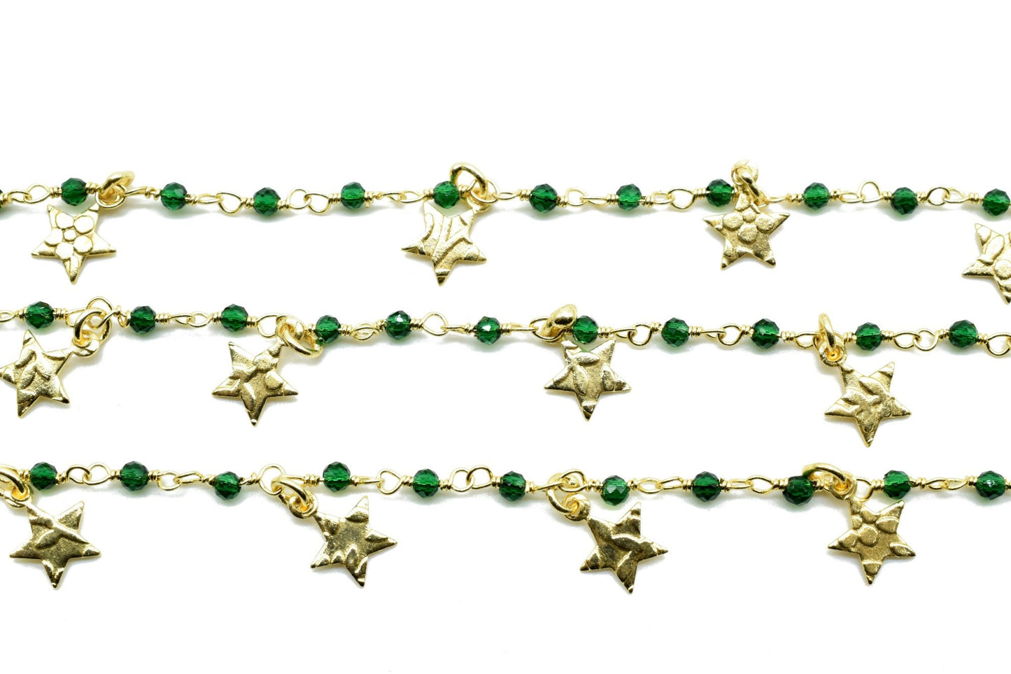 Green onyx 2mm Beaded & Star Charm Chain,Gold Plated Rosary Chain,Wire Wrapping Gemstone Chain, Gemstone chain,Anti-Tarnish Finished chain