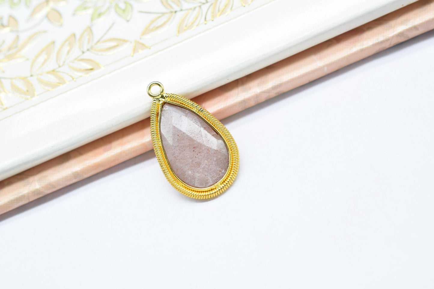 Peach Moonstone 12X20mm Bezel Charms,Gemstone Bezels,Boho Pendant Charms,Single Bail Pendant,Handmade Brass Pendant,Bezel Connectors,Gift