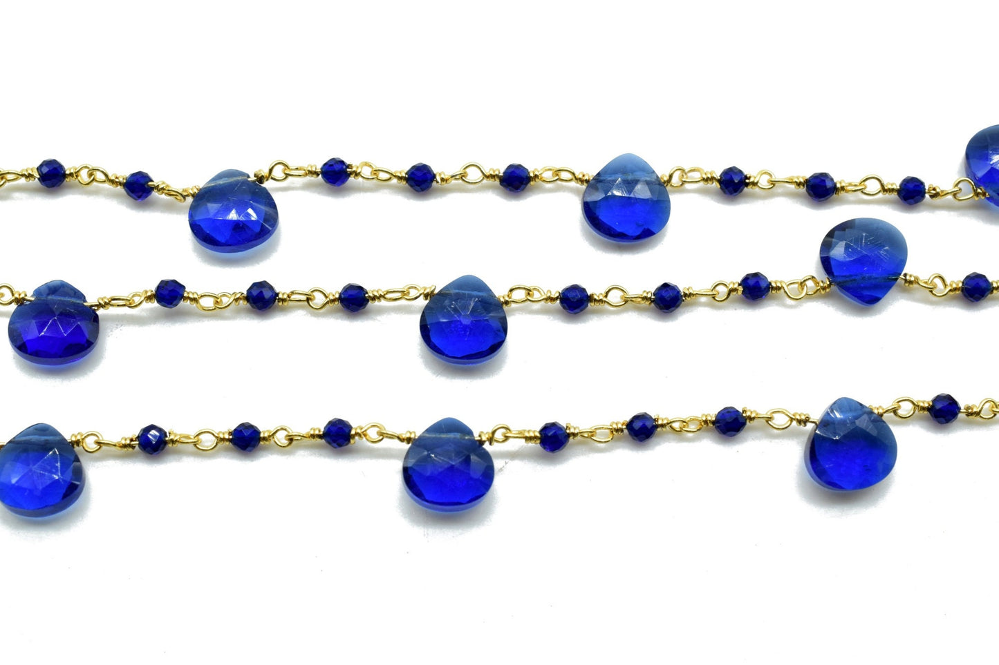 Blue Sapphire 2mm Beaded & Heart shape Chain,Wrapped Rosary Chain,Sapphire Briolette rosary chain,Brass Gold Plated Sold Per Foot Wholesale