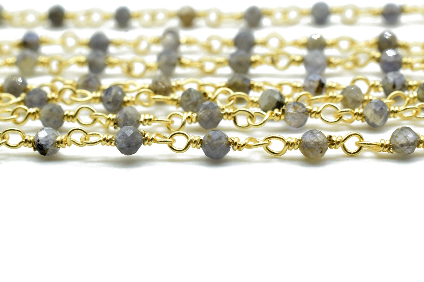 Iolite 3mm Beaded Chain,Gemstone Rosary Chain, 3mm,Faceted Beads, 24k Gold Plated Wire Wrapped Chain, Beaded Chain Jewelry,Blue Iolite Beads