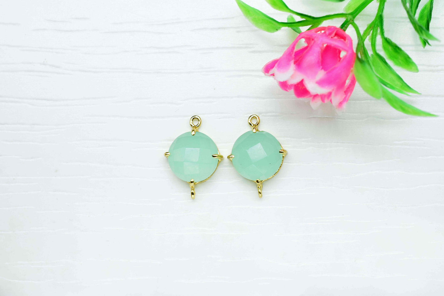 Aqua chalcedony Round Connector,double bail connector,Aqua Quartz Beads jewelry,Handmade Gemstone Bezel,Aqua Quartz Prong Bezel Charms,Gift