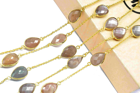 Peach Moonstone 8x12mm Pear Shape Bezel Chain,Peach Moonstone Faceted Chain,Handmade Bezel Link,Peach Moonstone Jewelry,Jewelry Making Chain