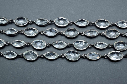 Crystal Bezel link Chain I Handmade Bezel Link Chain,Clear Quartz black rhodium Bezel Chain IBrass Chain,Gemstone Connector Chain Per Foot