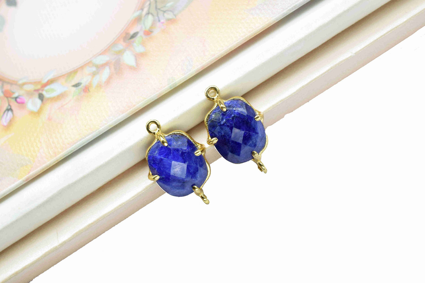 Blue Sapphire Prong Connector,double bail connector,Blue Sapphire jewelry,Handmade Gemstone Bezel,Sapphire Cushion Bezel Connector Jewelry