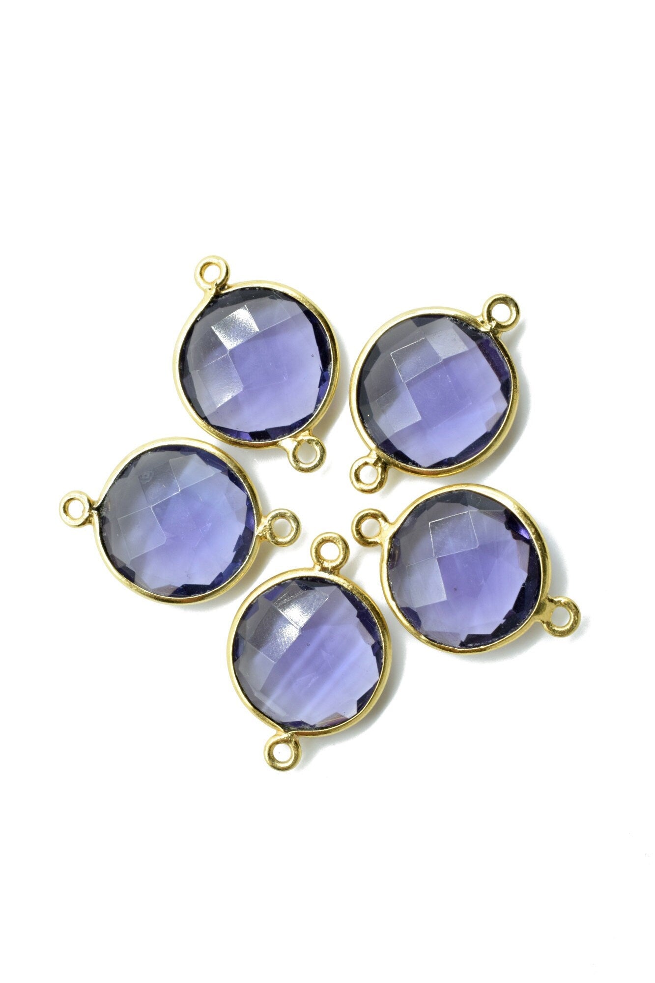 Amethyst 14mm Round double bail Connectors,Brass Gold Plated bezel,Amethyst Pendant,February Birthstone Coin Links,Jewelry Making Findings