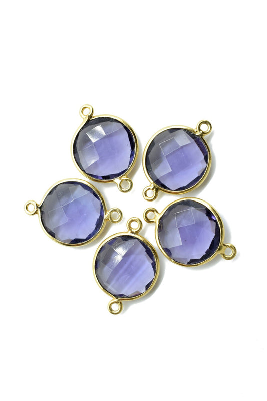 Amethyst 14mm Round double bail Connectors,Brass Gold Plated bezel,Amethyst Pendant,February Birthstone Coin Links,Jewelry Making Findings