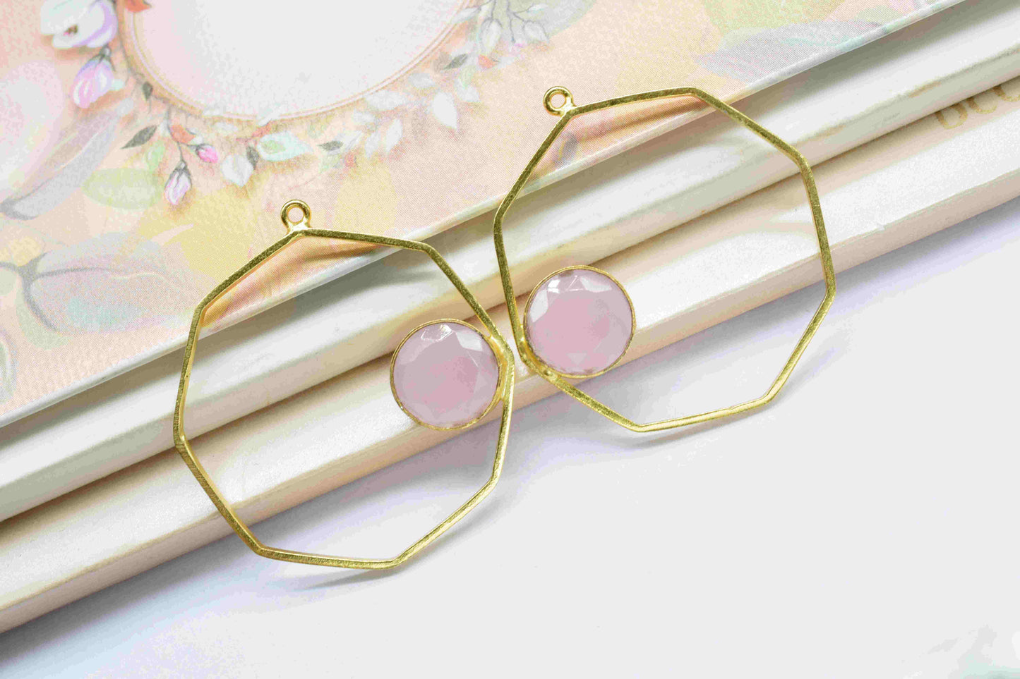 Rose Quartz Gemstone Pendant, Gemstone 10mm Round Shape Component, Finding 32mm Hexagon Shape Pendants Jewelry,Rose Quartz Earring Connector