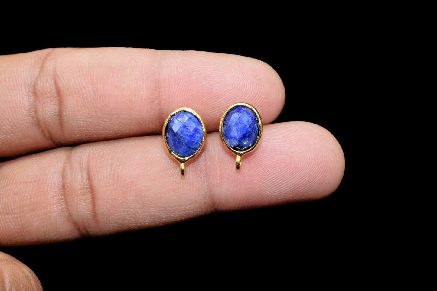 Blue sapphire 6x8mm oval shape Earring connector Stud post setting with loop open bail,Hot Blue sapphire Gold Plated Earring With Loop