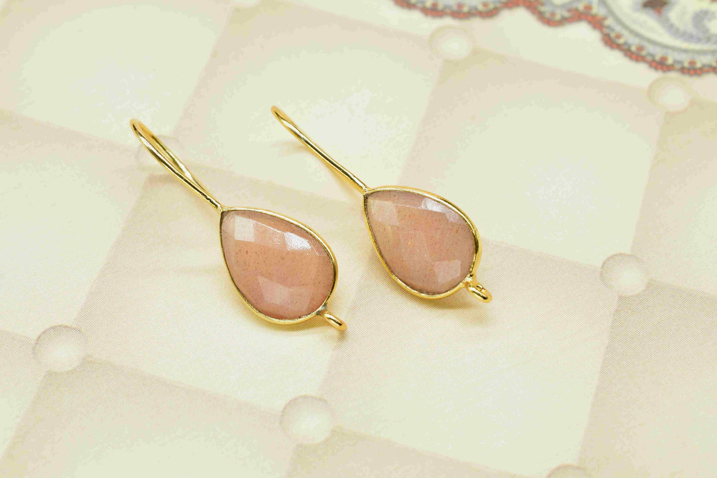 Peach Moonstone 9x13mm Teardrop Earring,Gemstone Component,Handmade Earring Connector,Peach Moonstone Teardrop Shape Component Jewelry, Gift