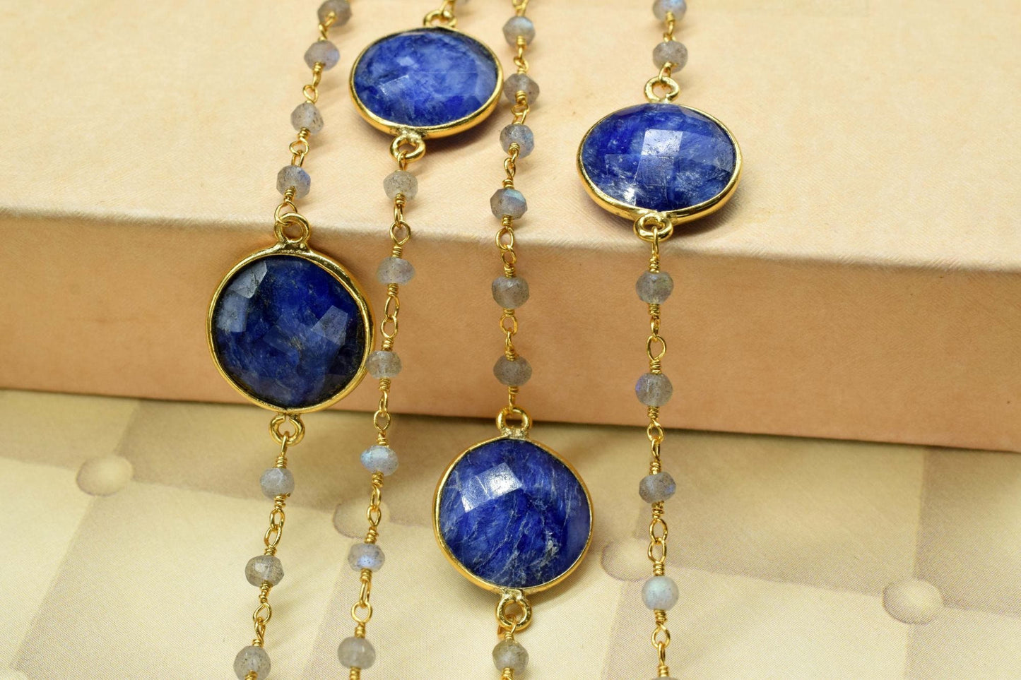 labradorite  Beaded rosary chain ,sapphire connector Chain,Sold By Foot,labradorite wire wrapped chain,sapphire rosary,gemstone,dual stone,