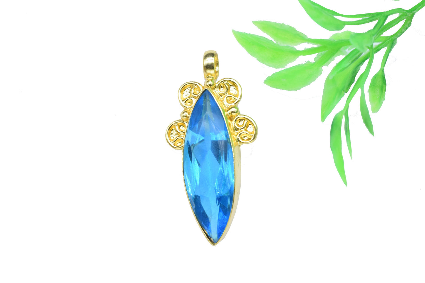 Sky Topaz Bezel Pendant Charms,Brass Pendant,Handmade Craft,Pendant Jewelry,Gemstone Marquise Pendants,Statement Pendant,Loop Pendant,Gift