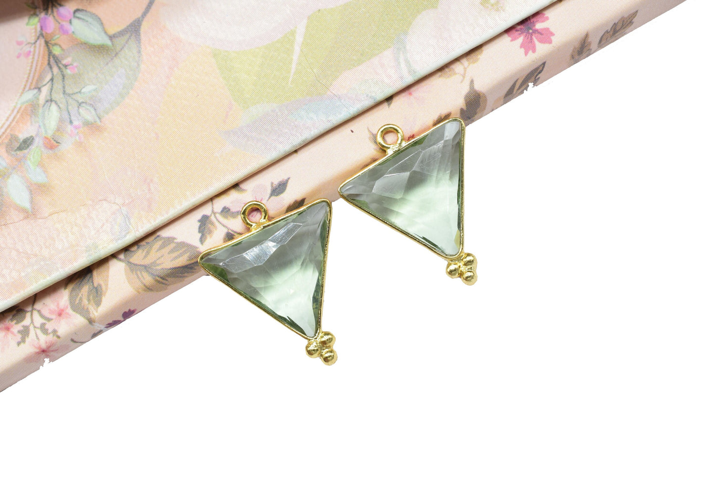 Green Amethyst Quartz 15mm Triangle Shape charms,Green Amethyst Single Bail Pendant Charms Jewelry,Green Amethyst Brass Gold Plating Jewelry
