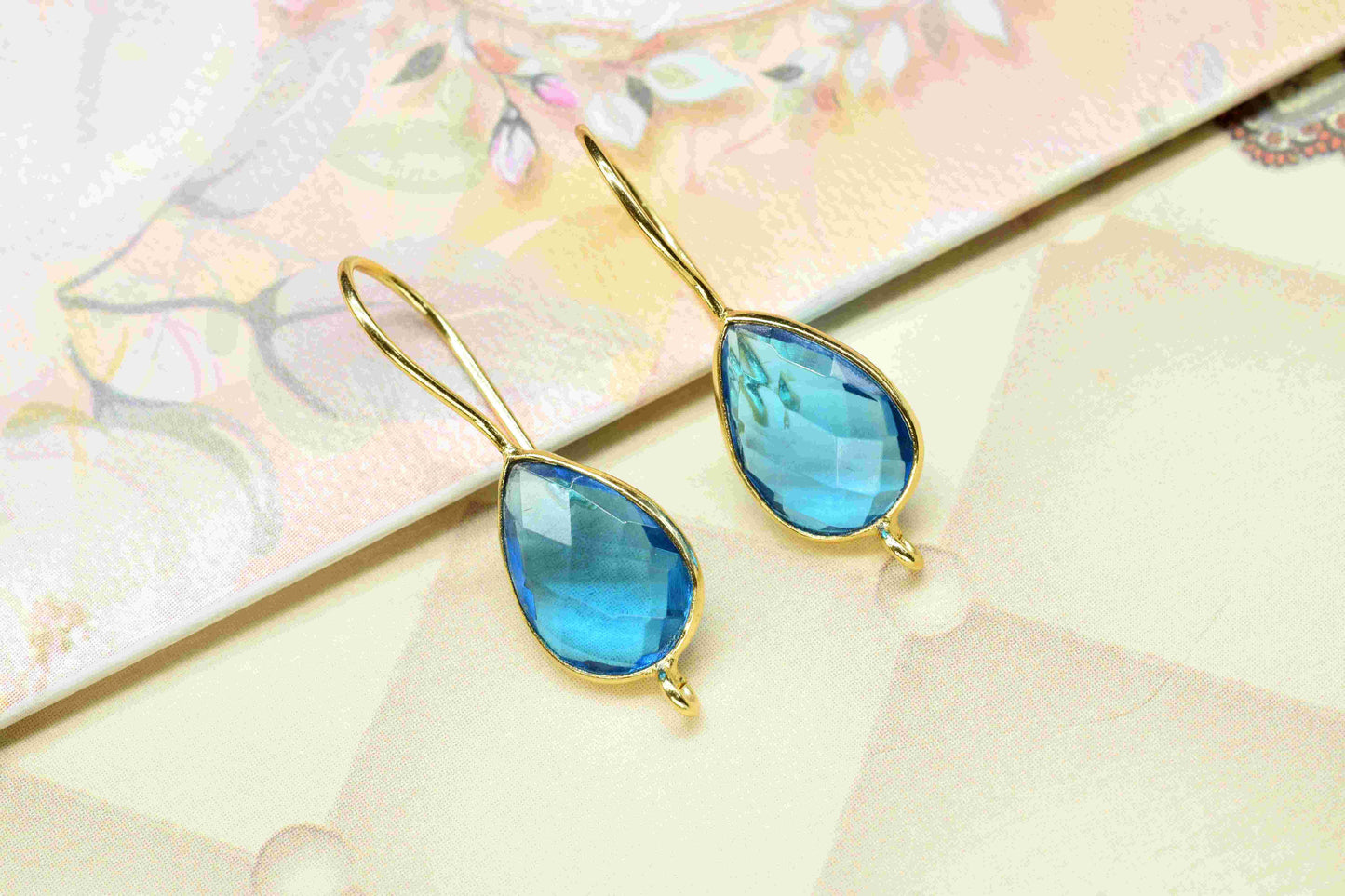 Blue Topaz 9x13mm Teardrop Connector,Blue Topaz Gemstone Component,Blue Topaz Bezels Charms,Blue Topaz Connector,Blue Topaz Earring, Gift