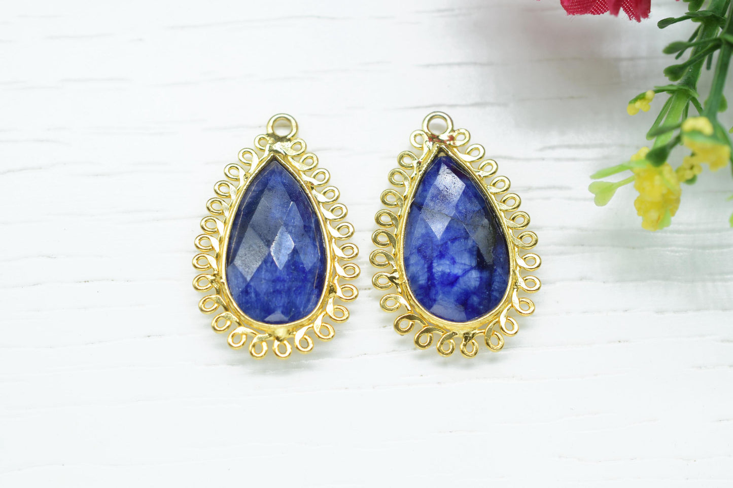 Blue Sapphire 12x20mm Teardrop Bezel Charms,Gemstone Brass Component,Wholesale Jewelry,Single Bail Pendant,Handmade Jewellery Connectors,