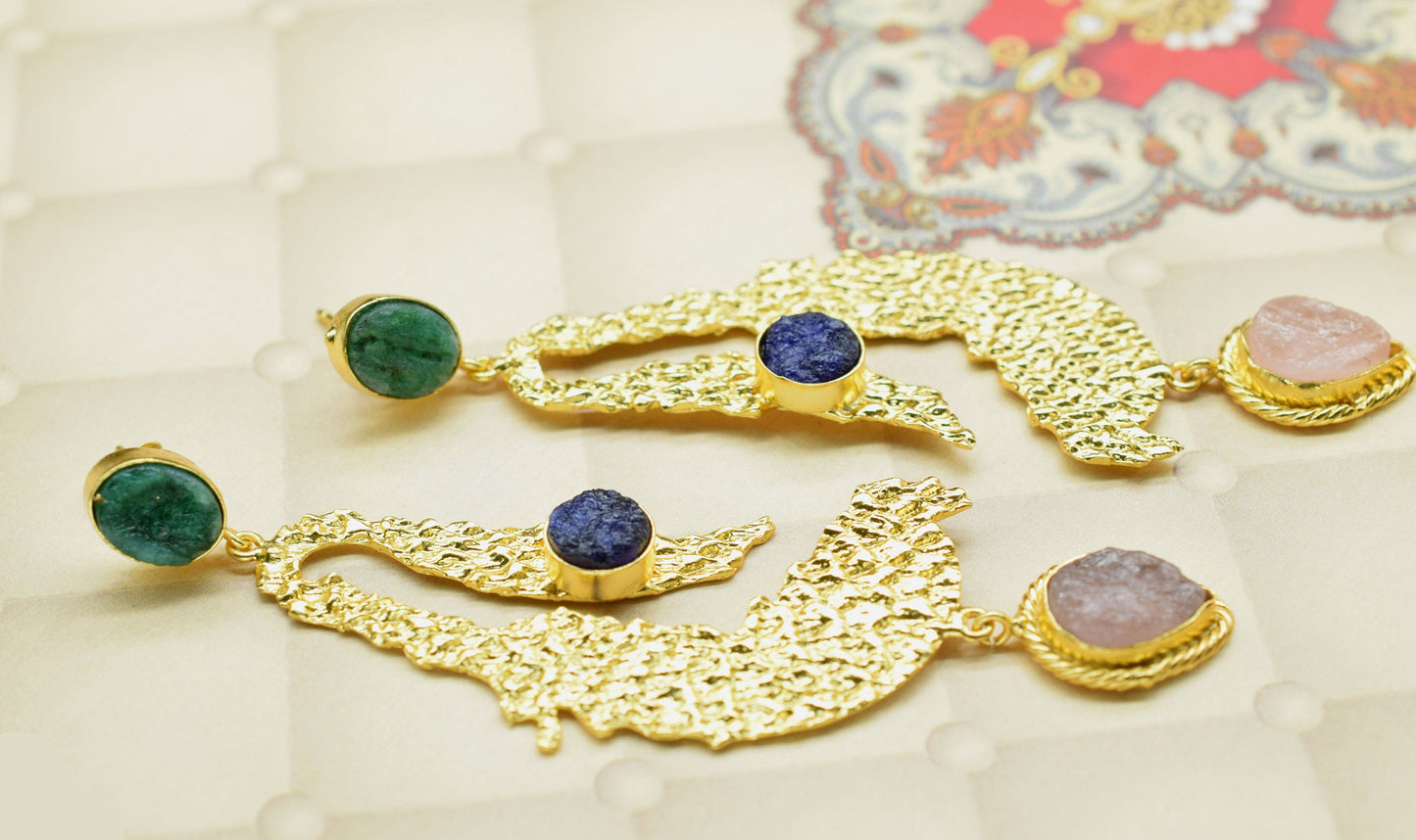 Emerald Roung Stone Earring/Handmade Earring/Bridal jewlry/Gold Plated Jewelry/Sapphire Roung Earring/Gold Plated Textured Earrings Jewelry