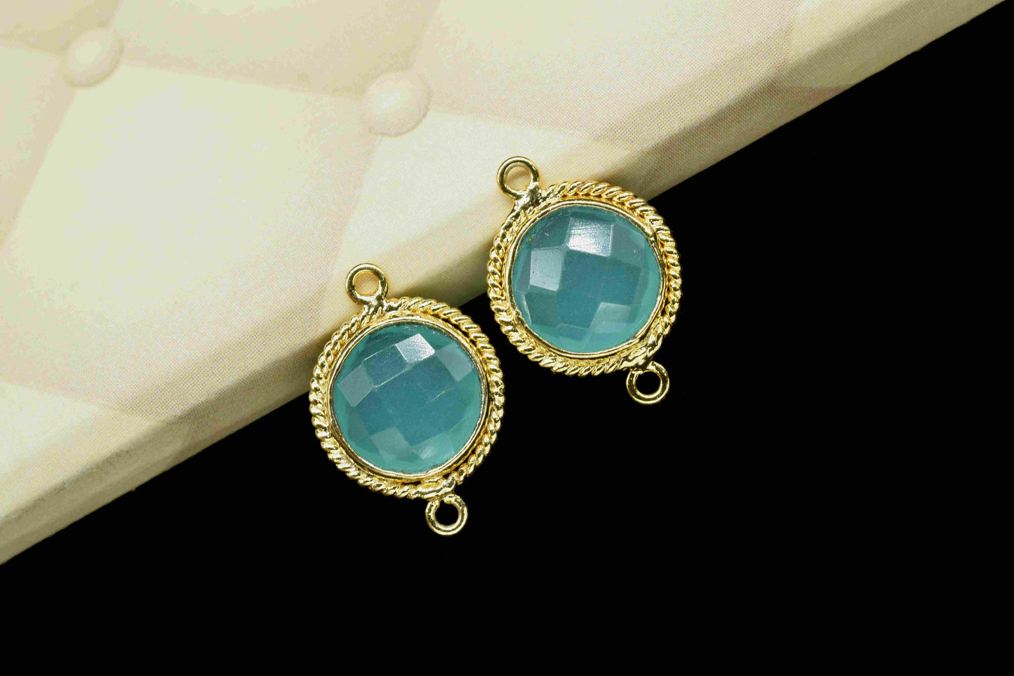 Aqua Chalcedony 10mm Round Shape Bezels Charms,Aqua Chalcedony Gold Plating Gemstone Bezel Connector,Aqua chalcedony Double Loop Charms,Gift
