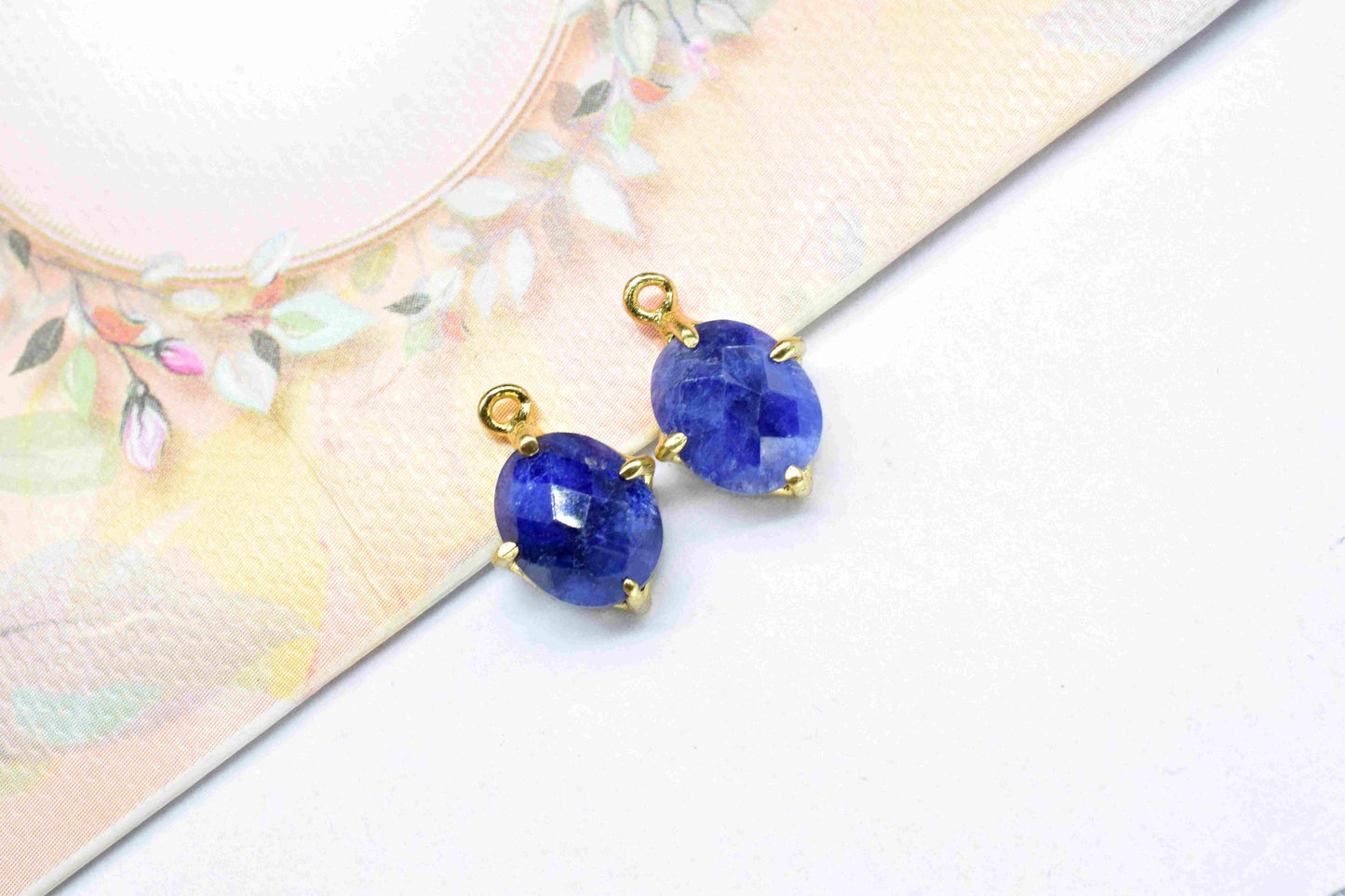 Natural Sapphire 8x10mm Oval Shape Connector,Sapphire Double Bail Connectors,Blue Sapphire Gold Plated Connector,Blue Sapphire Component