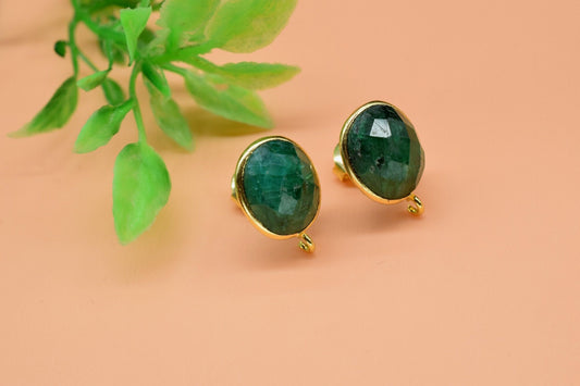 Emerald 10x12mm oval Earring Connector,Jewelry Craft Supplies, connectors post studs,Gold Plated Earring Connector,Genuine emerald Connector