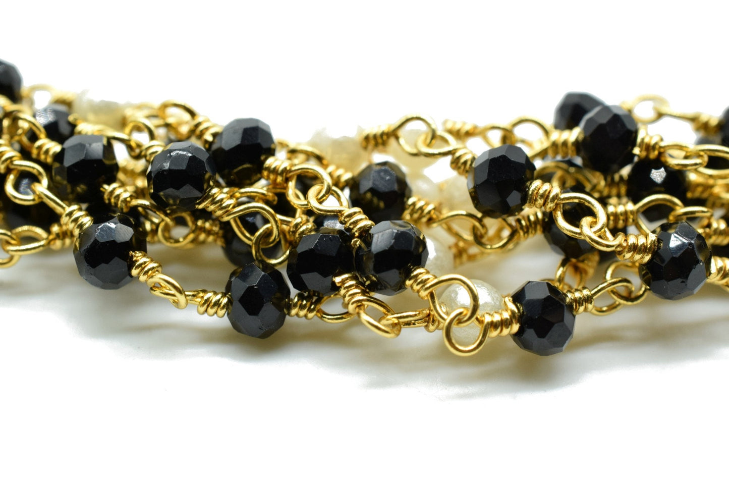 Black Spinel 3mm Rosary Style Beaded Chain, Black Spinel Faceted Beads Wire Wrapped Chain,Brass chains,Jewelry Making Chains,pearl rosary
