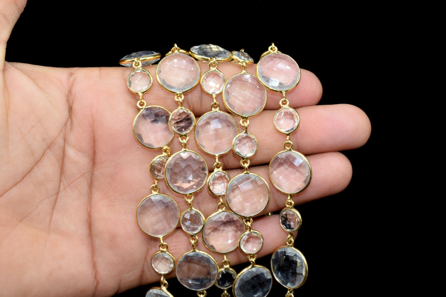 Crystal Bezel Chain I Handmade Bezel Link Chain I Clear Quartz Gold Plated Bezel Chain IBrass Chain,Gemstone Connector Chain Per Foot