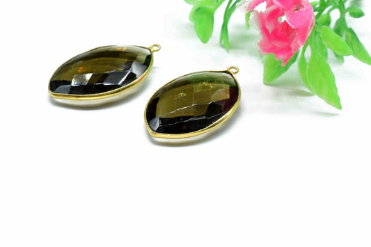 Smoky Quartz 20x30mm Bezel, Marquise Shape Pendant, Single Bail Connector, Brown Gemstone Bezel Charms, Handmade Bezel Pendant,Smoky Jewelry