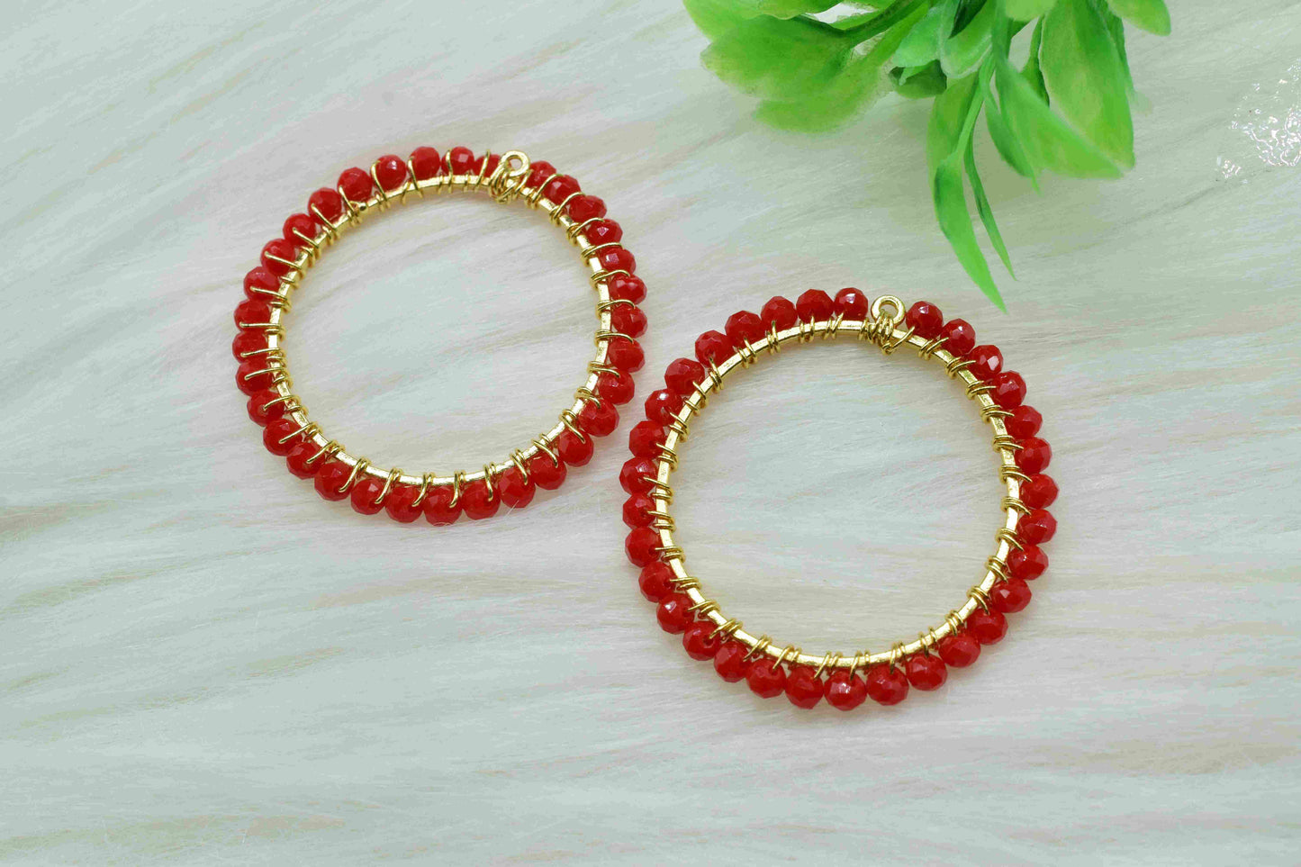 Red Coral Wire Wrapped Dangle Connectors,Circle Pendant Component,Handmade Earrings,Beaded Hoops Earring,Finding Component Red Coral Jewelry