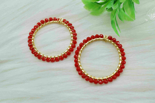 Red Coral Wire Wrapped Dangle Connectors,Circle Pendant Component,Handmade Earrings,Beaded Hoops Earring,Finding Component Red Coral Jewelry