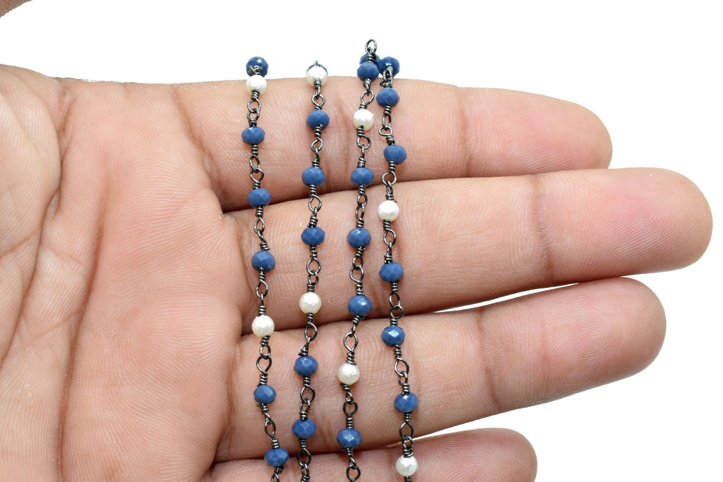 Blue chalcedony  Beaded Chain,pearl Rosary Chains,Blue Agate Gold Plating Wire Wrap Chain,Brass chain,Jewelry Making Chain,Rosary chain,roll