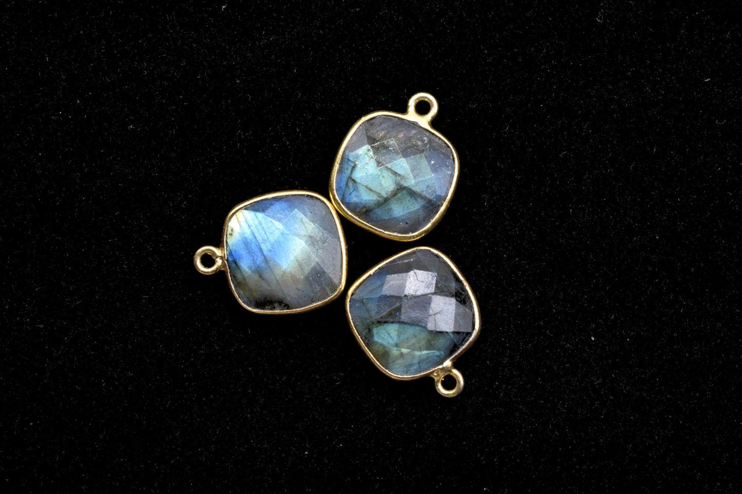 Blue Flash Labradorite 12mm & 14mm cushion shape single loop connectors,Brass Gold Plated bezels,Labradorite Pendants,Labradorite  bezels