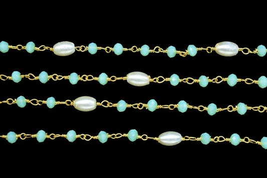Aqua Chalcedony Hydro Faceted Rondelle Beaded Rosary Chain,Gold Plated Rosary Chain,Finding Wire Wrap Necklace Chain,Pearl Rosary Chain Gift