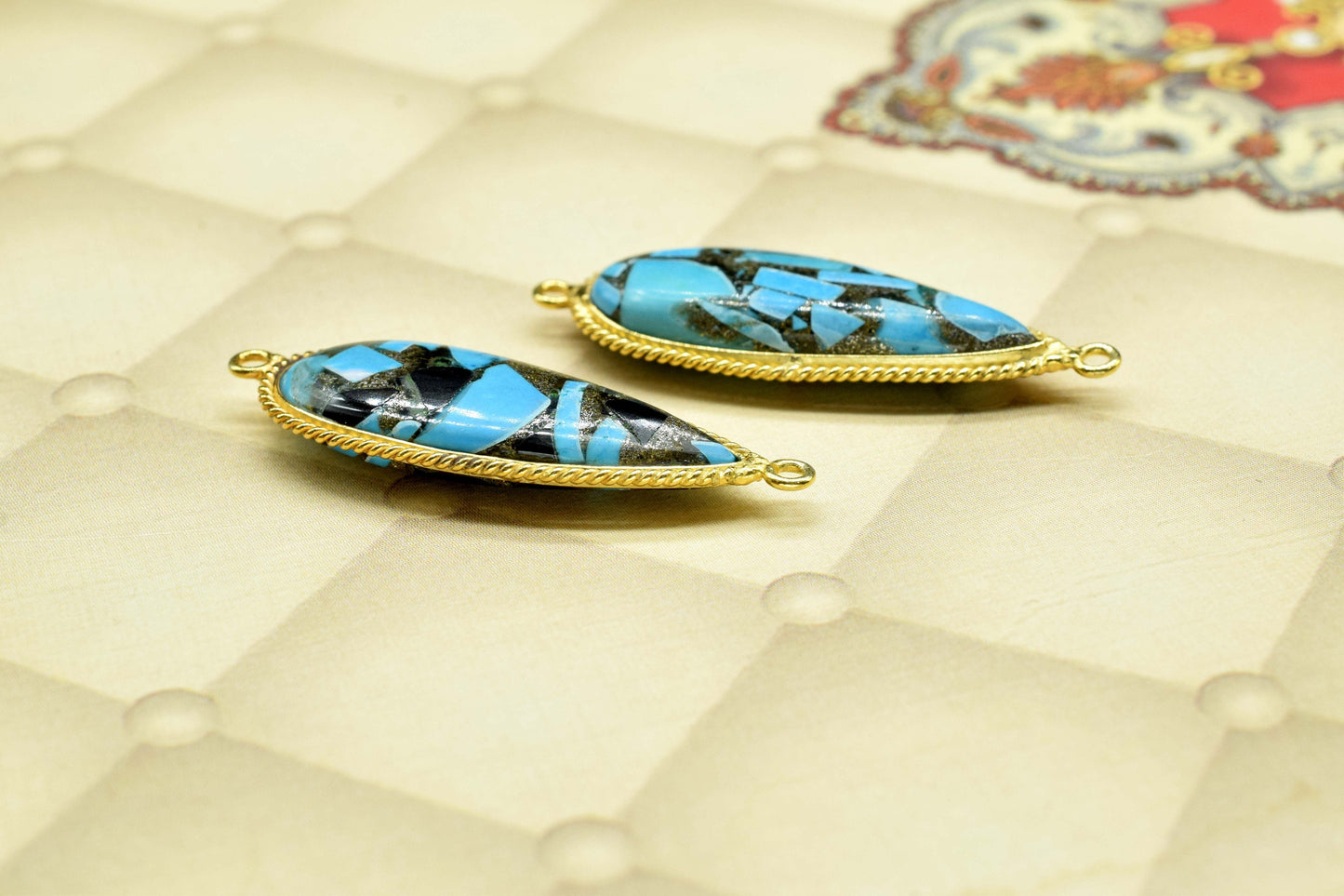 Copper Turquoise Gemstone 10x30mm Pear Shape Charms Pendant,Turquoise Double Bail Pendant,Copper Turquoise Gold Plating Gemstone Charms,Gift