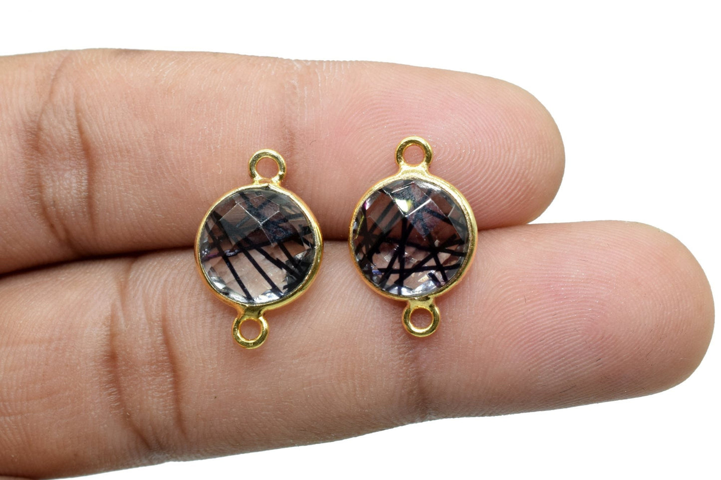 Black Rutile 10mm Round Double loop connectors,Brass Gold Plated bezel,Black Rutile Pendant,Black Rutile double bail Round connectors,Rutile